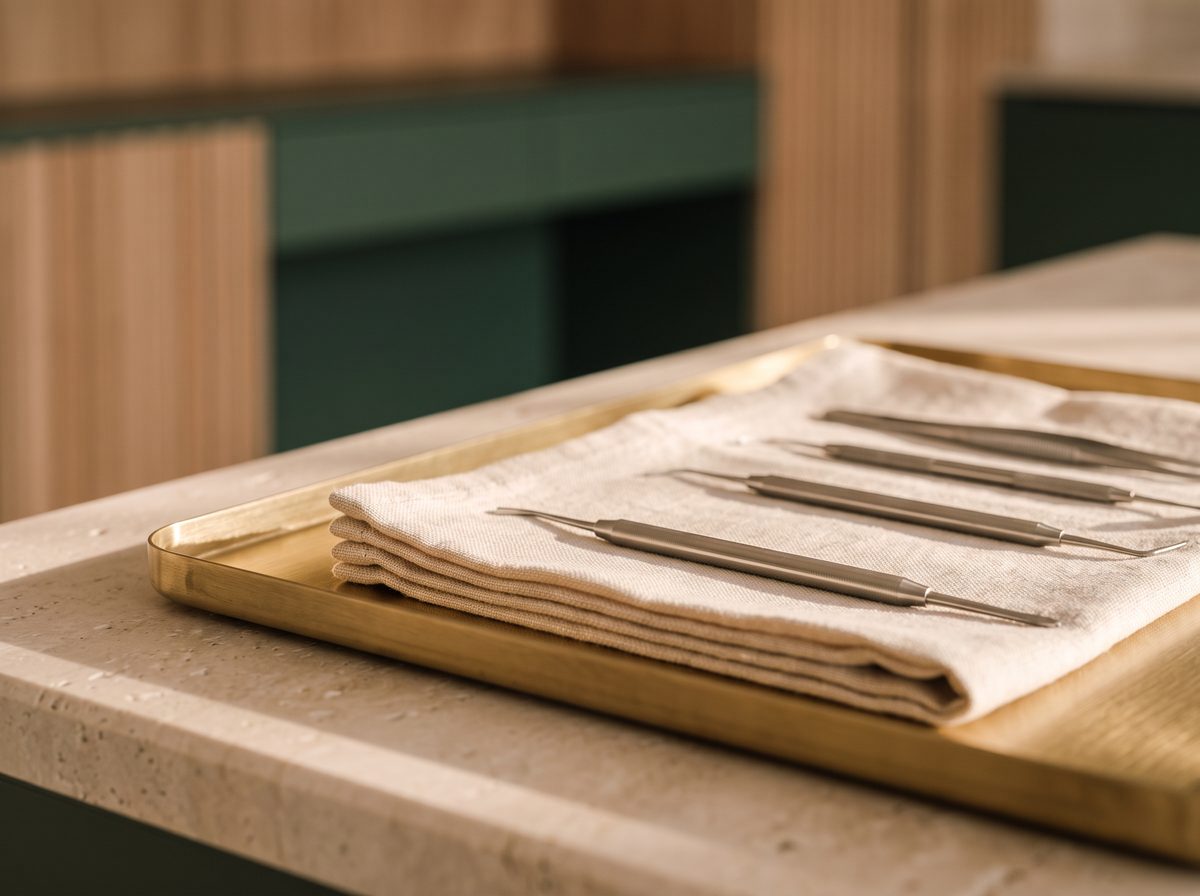 A brass tray on a stone bench holding four dental instruments laid out in a row on folded linen.
