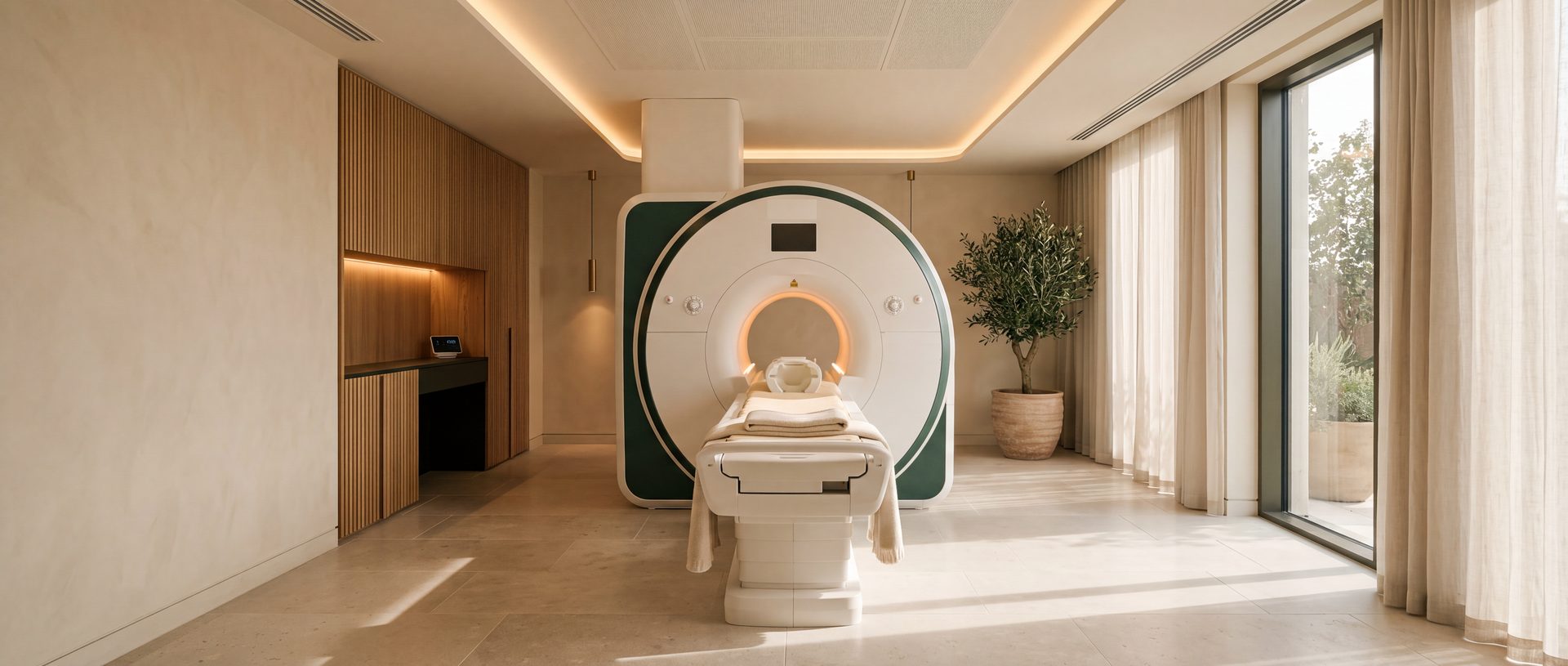 An MRI scanner in a naturally lit imaging room, the patient table made up and ready, with a garden visible through full height windows.