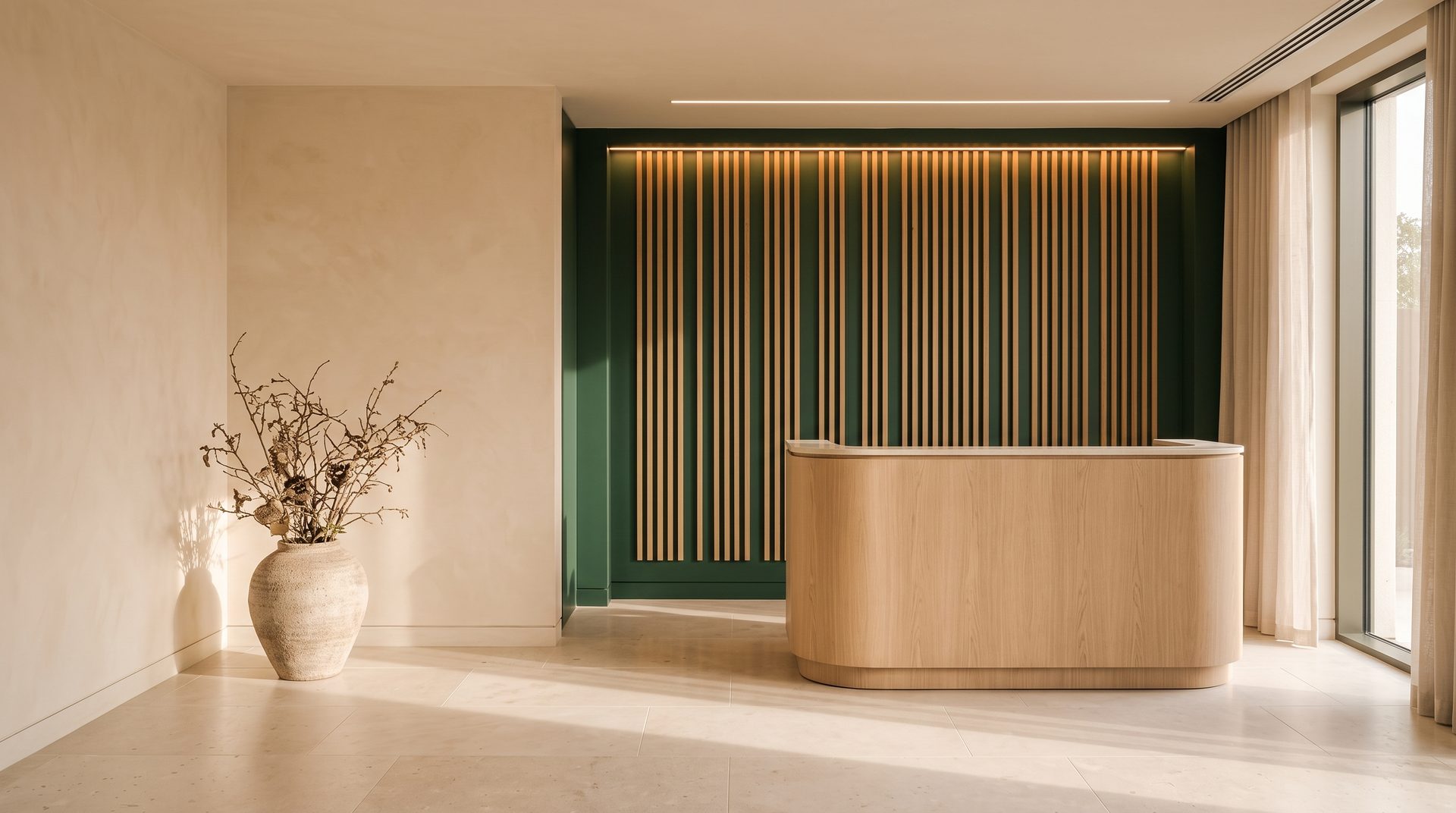 A practice reception desk in pale timber standing against a fluted deep green wall, with a tall vase of dried branches in the corner.