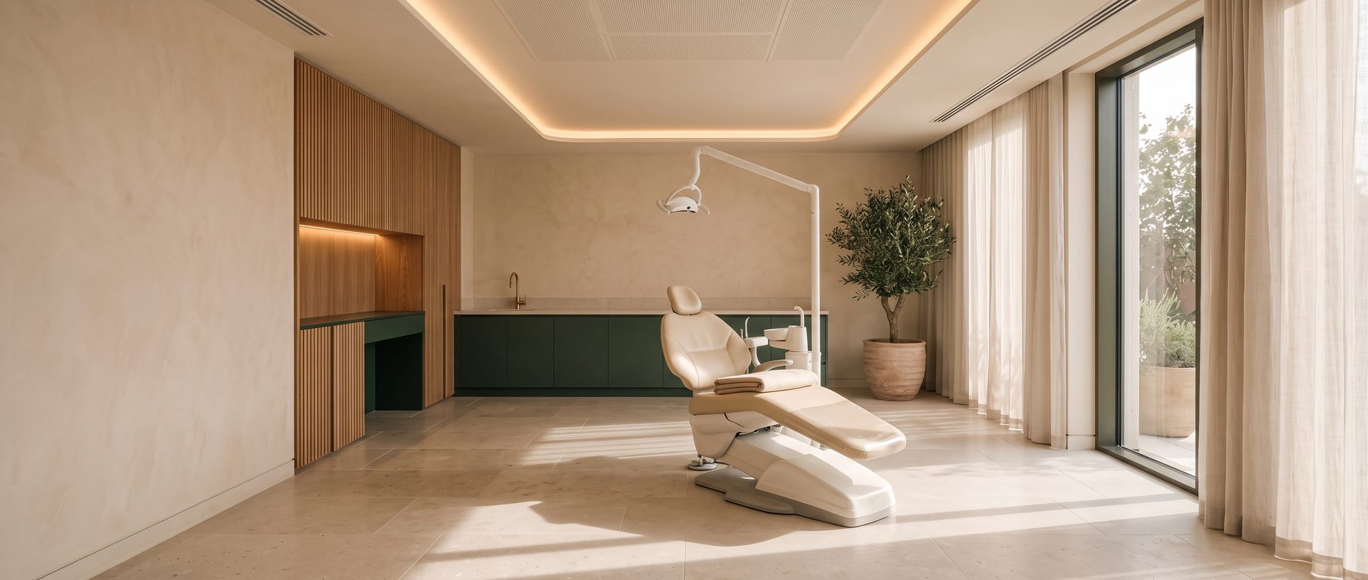 A dental surgery with a single treatment chair under an overhead light, timber cabinetry and a deep green bench, opening onto a garden.